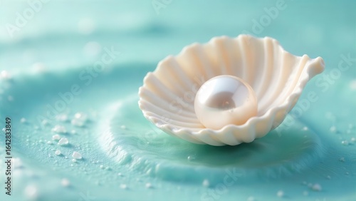 A lustrous pearl nestled within a delicate seashell rests on a tranquil, aqua-colored surface, adorned with tiny grains of salt.
