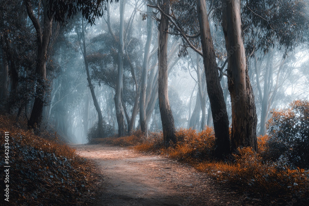 Obraz premium Misty forest path, trees, sunlight