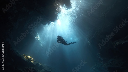 Sunlit underwater cave diver