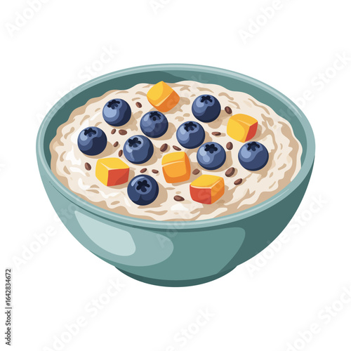 Delicious oatmeal bowl topped with fresh blueberries and diced mango