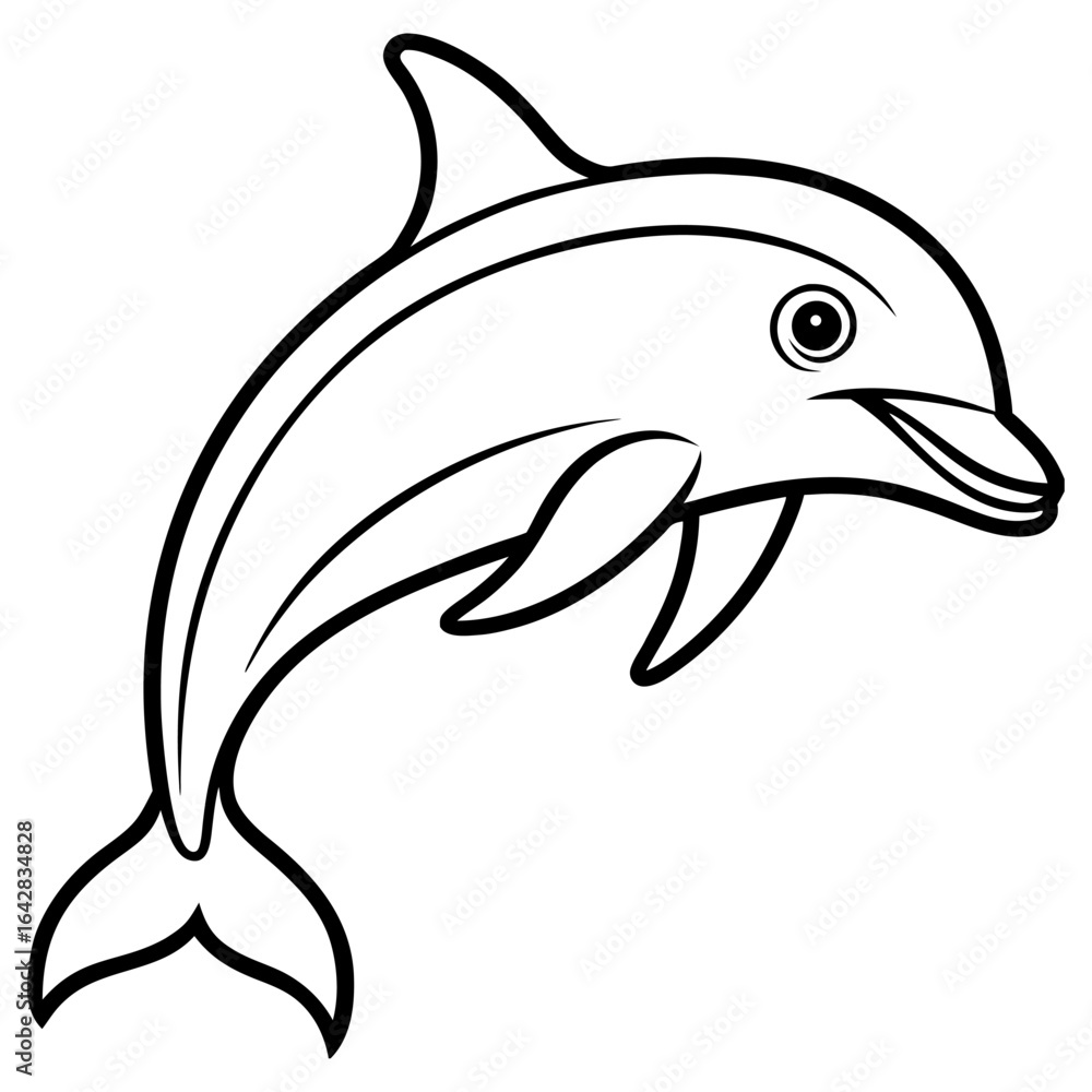 Obraz premium A black and white outline illustration of a happy dolphin jumping out of the water, isolated on white background