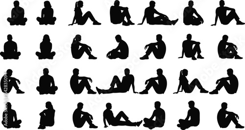 Silhouetted people sitting, various poses, black and white design, illustration elements, artistic figures, creative stock, human shapes, background, collection