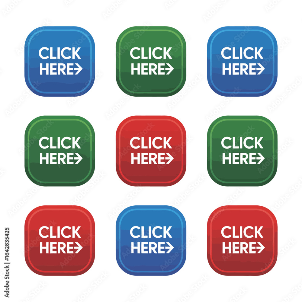 Collection of nine rounded square buttons with the text click here and an arrow Collection of nine rounded square buttons with the text click here and an arrow