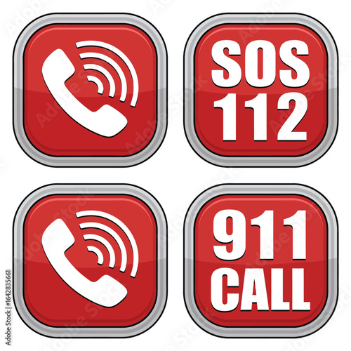 Red emergency call buttons with phone icon and sos 112 and 911 labels