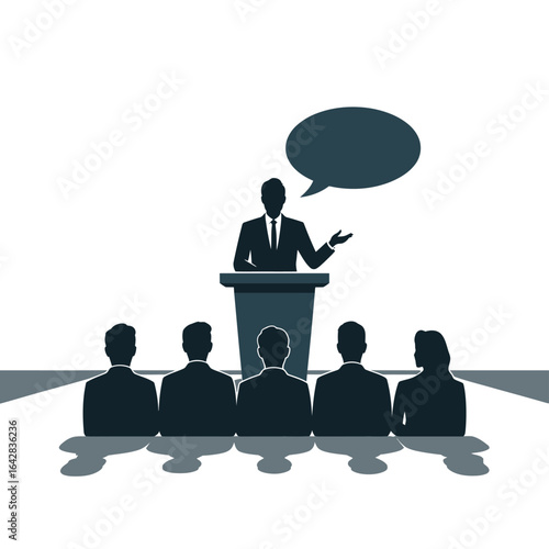 Speaker addressing an audience from a podium with a speech bubble