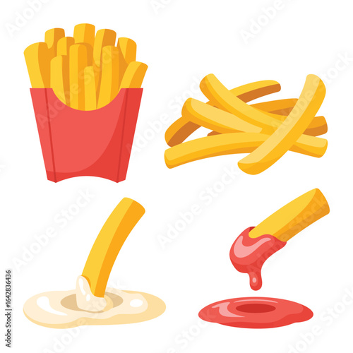 Collection of delicious french fries with ketchup and mayonnaise dips
