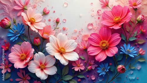 Vibrant Floral Arrangement A Delicate Composition of Pink, White, and Blue Flowers with Water Droplets on a Gradient Background