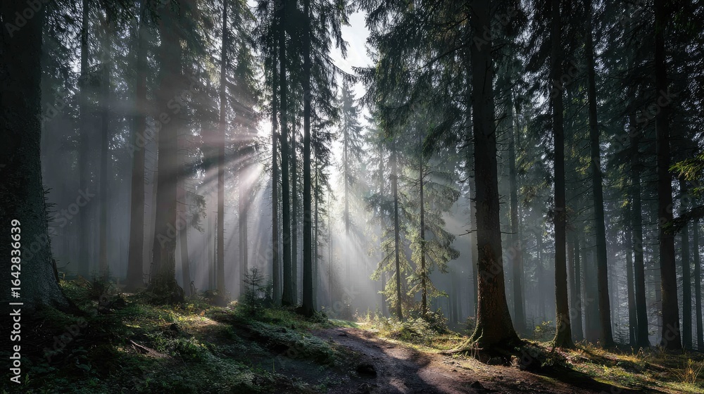 Obraz premium Sunbeams piercing a misty forest (1)