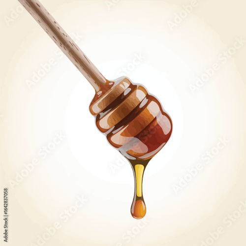Golden honey dripping from a wooden dipper on a light background