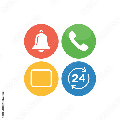 Four colorful circular icons representing communication and services