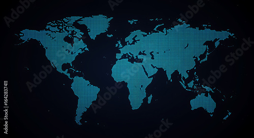 World map illustration on black background with continents and global network design