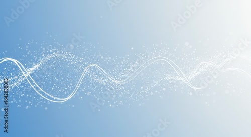 Abstract Blue Background with Wavy Lines and Particles.