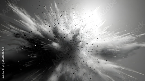 Dynamic monochrome explosion with dispersed particles on a bright background