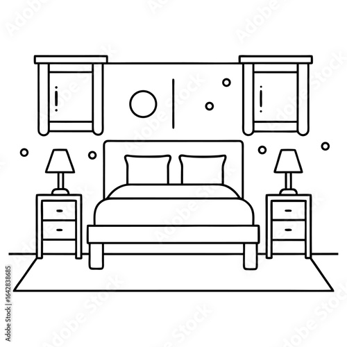 Outline drawing of a bedroom interior with a bed and nightstands, isolated on white background