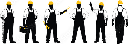 Silhouettes of construction workers, hard hats, tools, teamwork, industrial safety, maintenance crew, engineering labor, job site, gear, poses, overalls