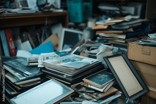 A cluttered room overflowing with papers, photos, and books