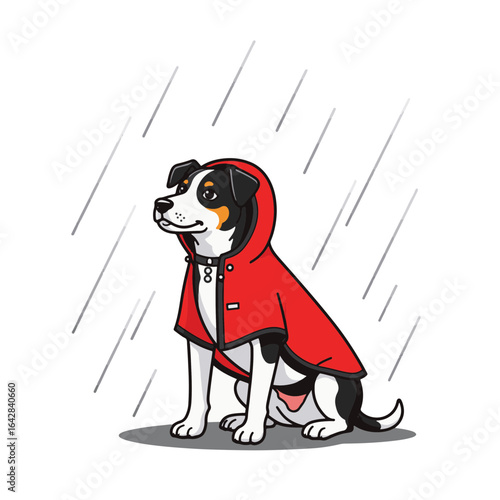 Dog wearing raincoat in stormy weather, resilience and comfort
