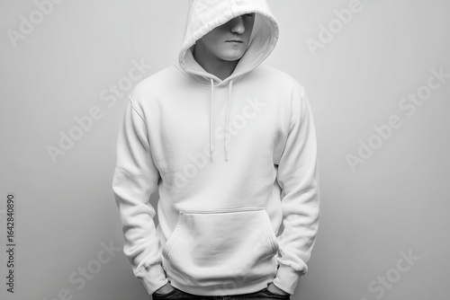 A grayscale image of a person wearing a white hoodie