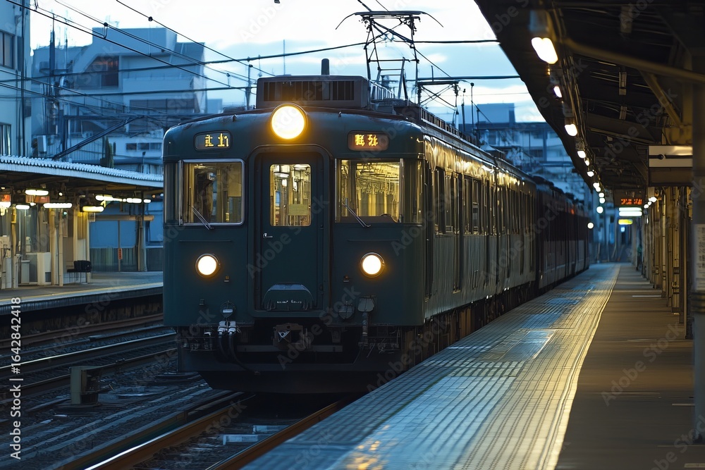 Fototapeta premium A teal train at a station platform at dawn