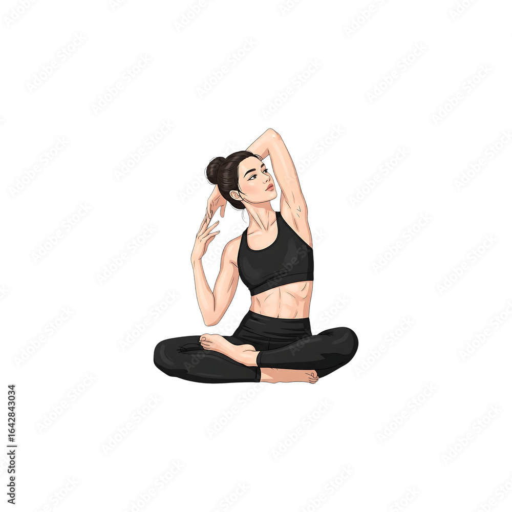 Fototapeta premium Graceful woman in black athletic wear performs a yoga pose with arms raised and legs crossed on a black background