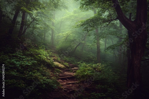 Misty forest path winding through dense greenery