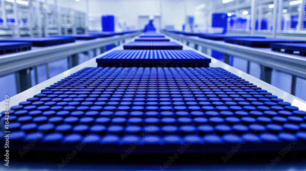 Obraz premium Industrial Production Line Featuring Blue Products on Elevated Platforms in Modern Manufacturing Facility for Quality Control and Efficiency