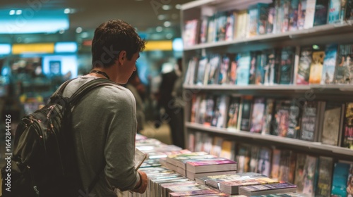 Young man browsing books in bookstore, searching for the perfect read