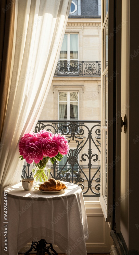 Fototapeta premium Bright parisian apartment balcony with flowers and sunlight