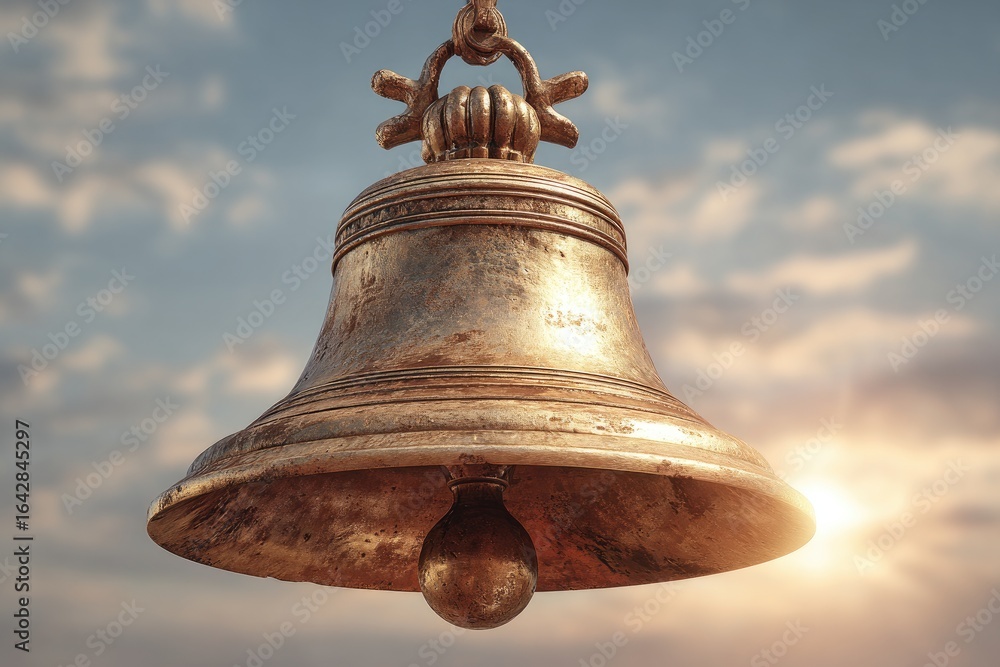 Fototapeta premium Antique brass bell against a sunset sky