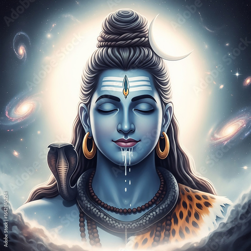 Cosmic portrait of a meditating Lord Shiva with nectar (Amrita) dripping from his mouth