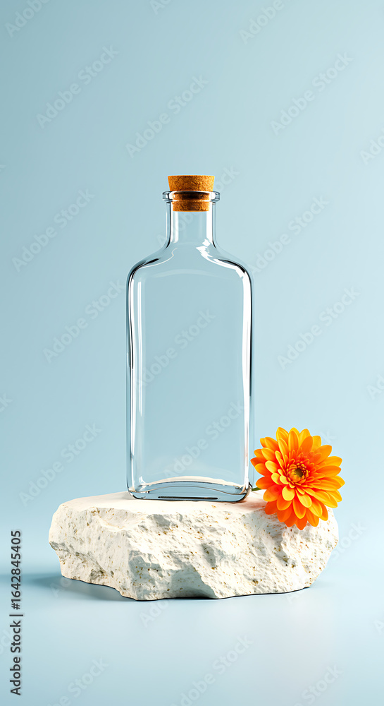 Obraz premium Minimalist studio shot of a clear glass bottle with a cork stopper on a textured stone pedestal next to a vibrant orange flower against a soft blue background