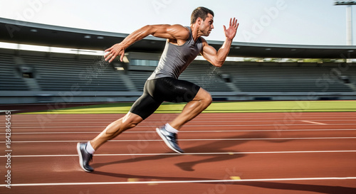 A muscular man in a gray tank top and black shorts sprints on a red track in an outdoor stadium setting