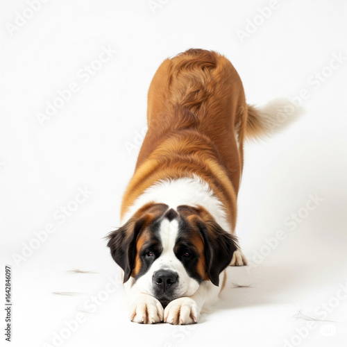 dog stretching on a white background
