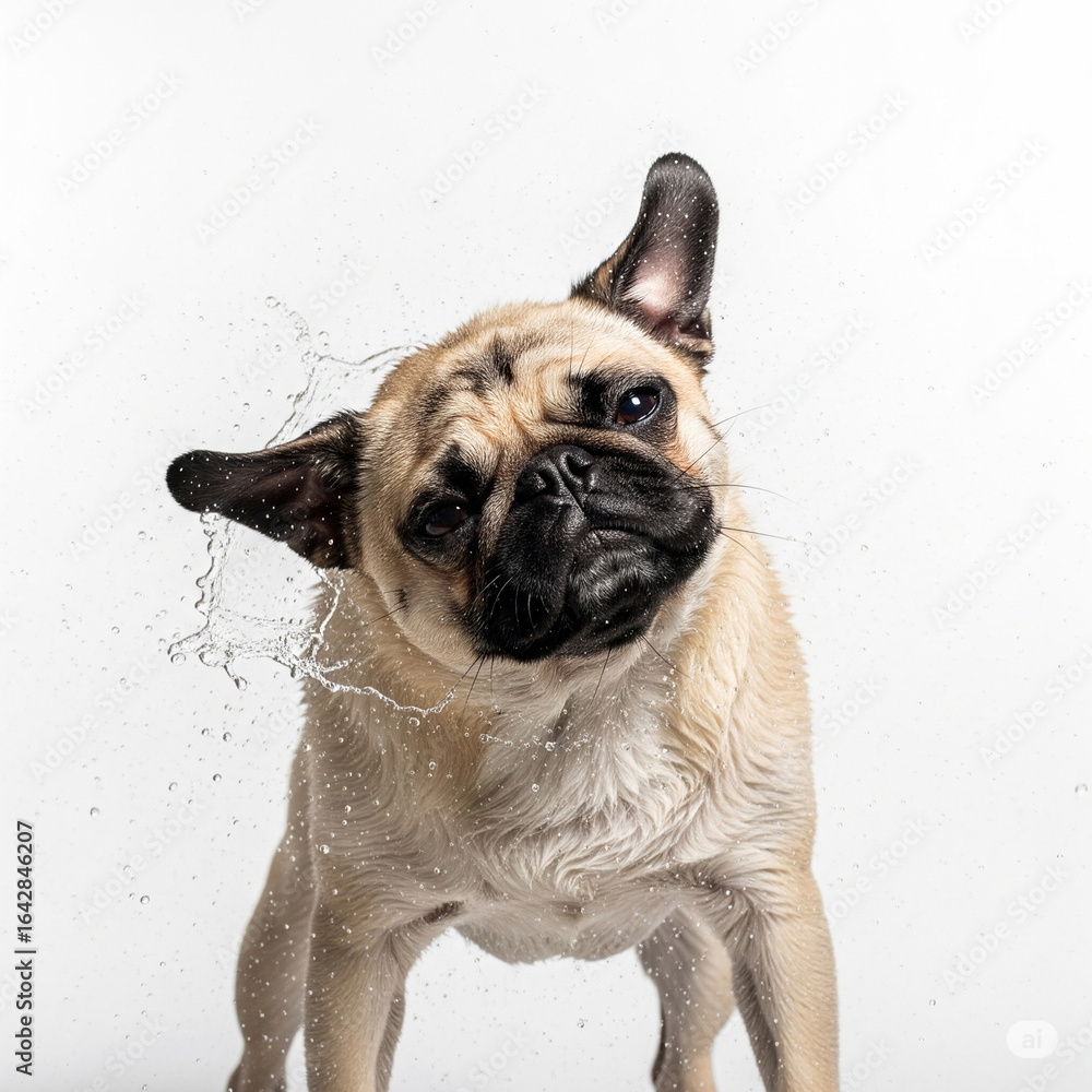 Obraz premium English bulldog shaking off water on white background