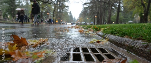 Rainwater flows through a city street gutter