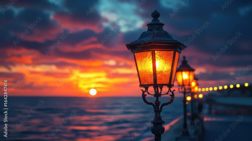 Sunset lamps illuminating a seaside walkway Sunset lamps illuminating a seaside walkway