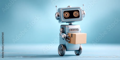 Charming retro robot delivering package, ideal for logistics and e-commerce concepts