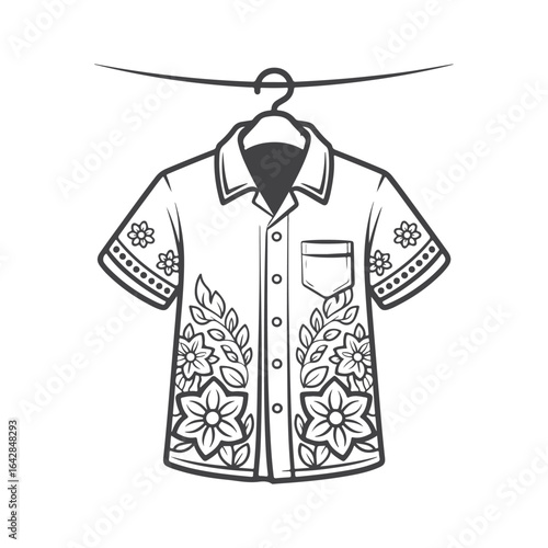 Hawaiian shirt with floral pattern hanging on a clothesline flowers leaves