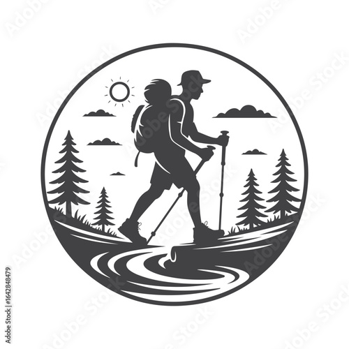 Hiker trekking through a scenic landscape backpack hiking poles