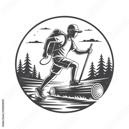 Hiker with backpack and pole crossing logs in forest trekking pole trees