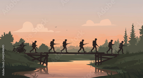 Soldiers march across old wooden bridge under beautiful sunset sky during wartime mission, strategic military action