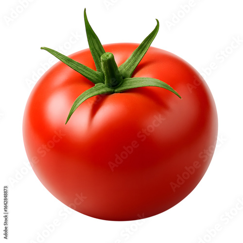 A single ripe red tomato on a black background showing its vibrant color and fresh green stem