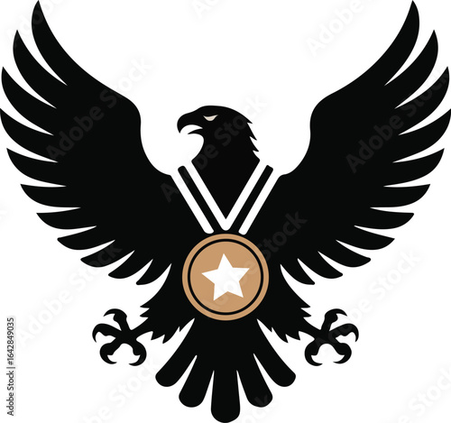 Eagle silhouette clutching winner medal with talons black color vector on white background