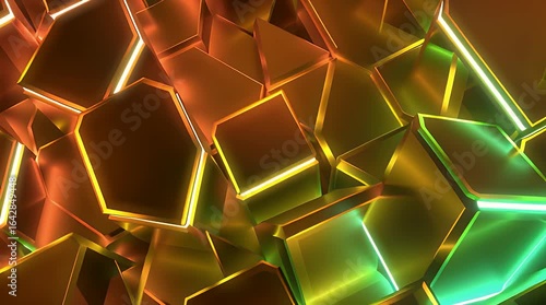 Abstract geometric design with layered cubes and glowing edges in warm and cool tones