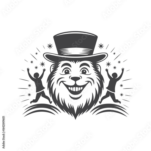Joyful bear character with jumping people and stars mascot top hat