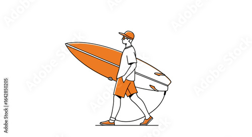 Stylized Illustration of a Young Surfer Carrying a Surfboard on a White Background, Suitable for Summer Vacation and Coastal Lifestyle Projects