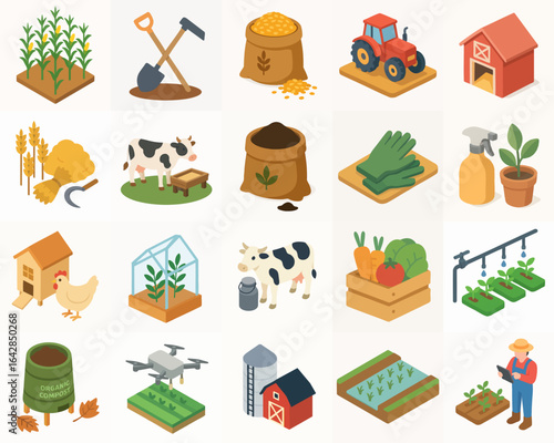 Isometric Pixel Art Farm Equipment and Animal Elements Illustration Set