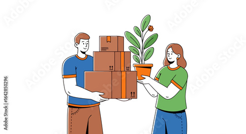 Couple Moving Into New Home with Boxes and Plant, Illustration for Real Estate, Relocation Services, and Home Decor Projects or Design and Moving Companies