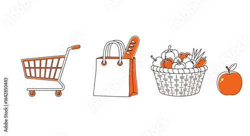Grocery Shopping Line Art Illustration Featuring Shopping Cart, Baguette in a Bag, Basket of Produce and Apple. Ideal for Nutrition, Food, and Retail Concepts.