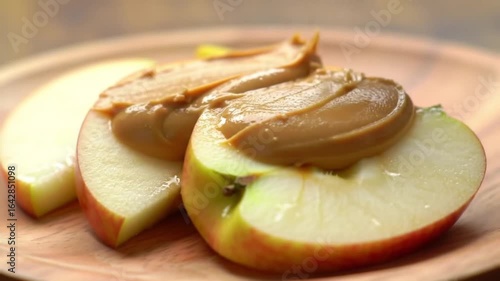 Close-up of fresh red apple slices topped with creamy peanut butter, a healthy and nutritious snack on a wooden plate.